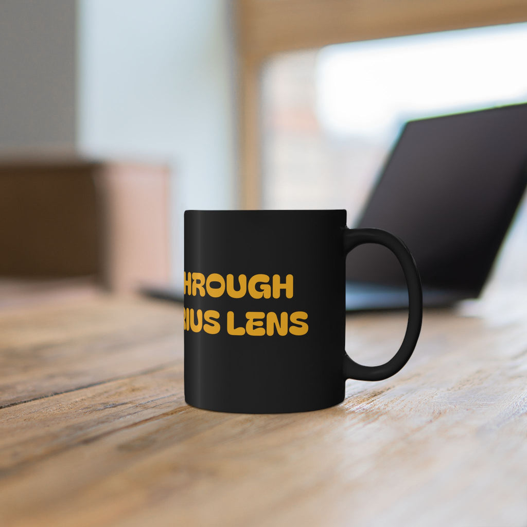 Sagittarius Lens Black Mug — 'Through Sagittarius Lens' Astrologer Coffee Mug (11oz & 15oz)