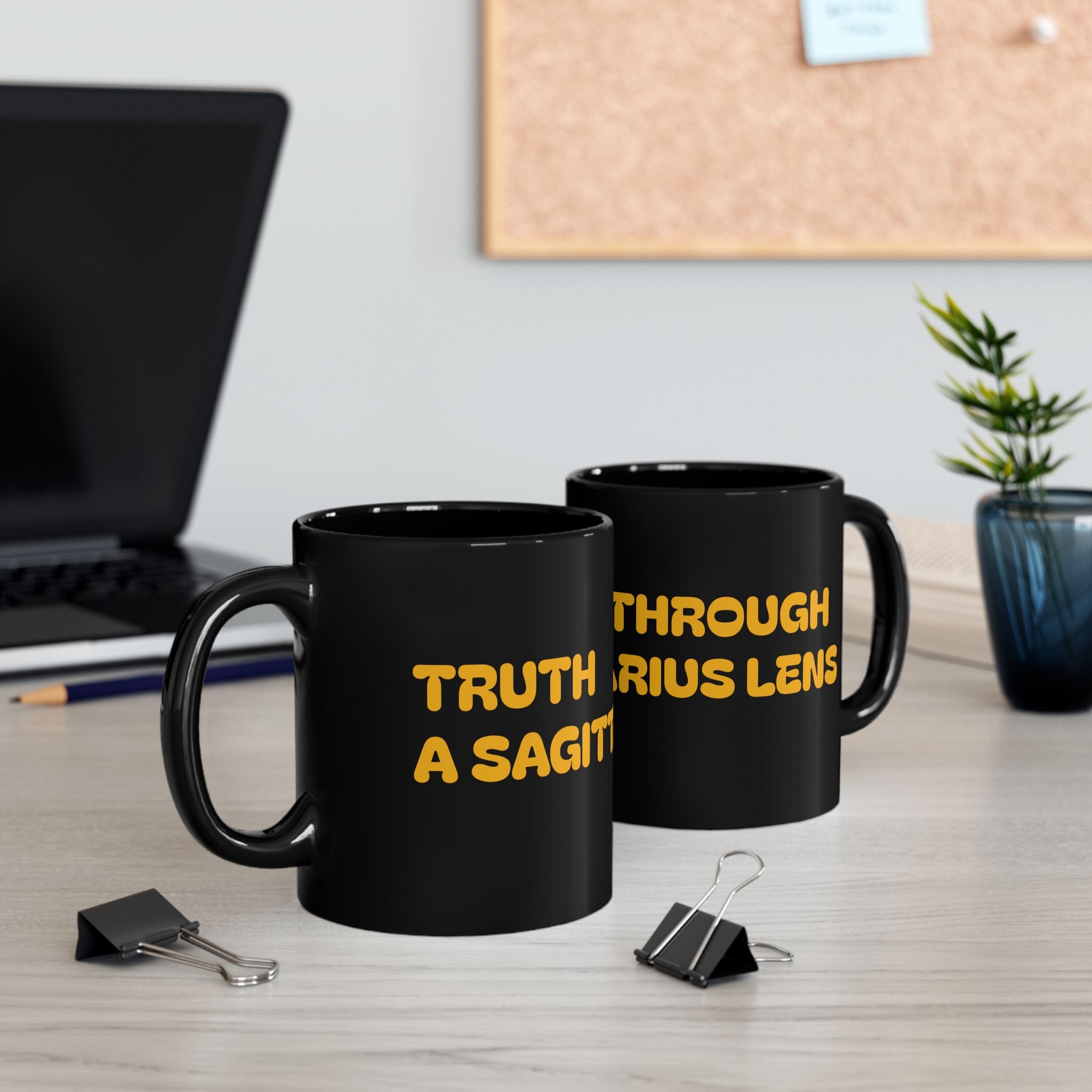 Sagittarius Lens Black Mug — 'Through Sagittarius Lens' Astrologer Coffee Mug (11oz & 15oz)