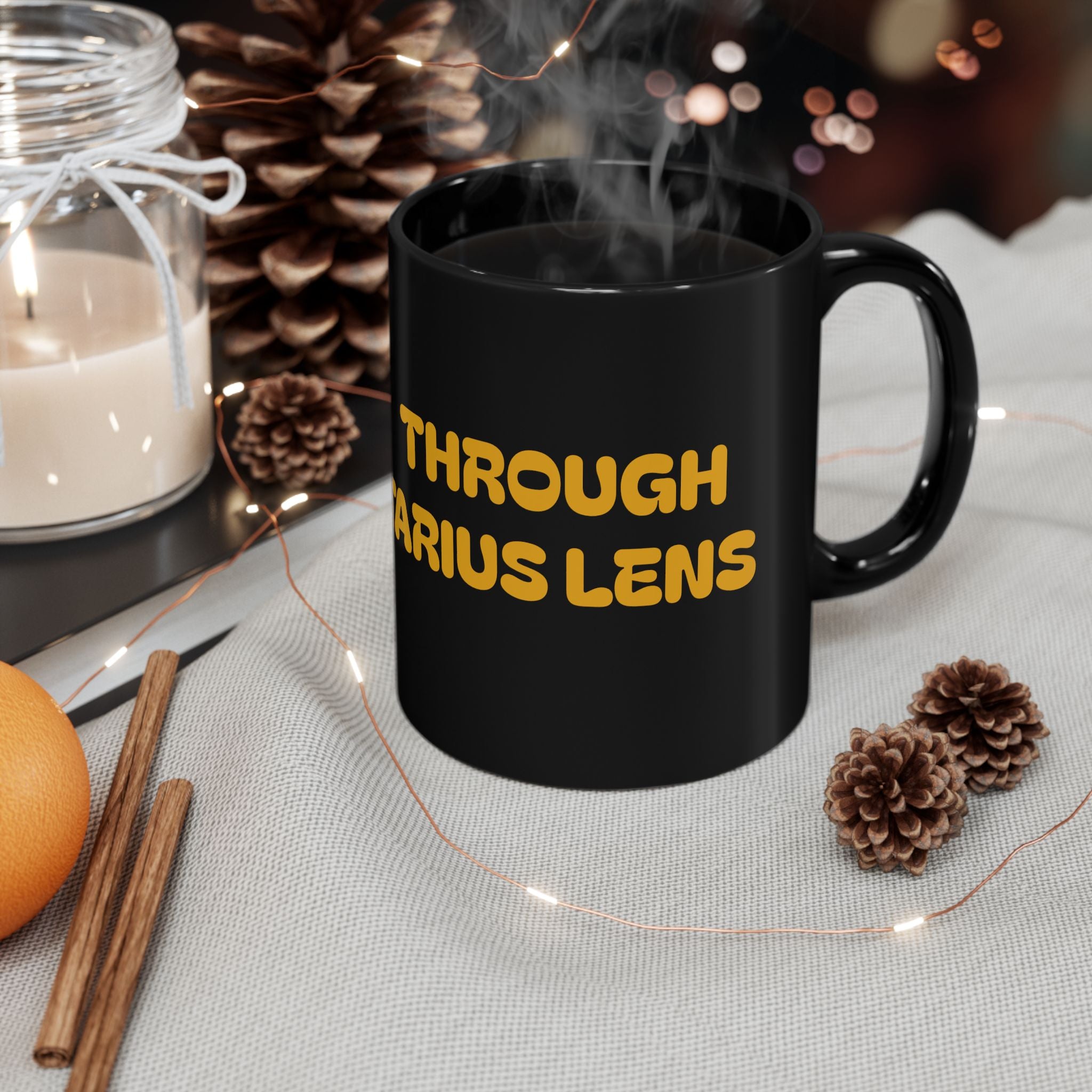 Sagittarius Lens Black Mug — 'Through Sagittarius Lens' Astrologer Coffee Mug (11oz & 15oz)